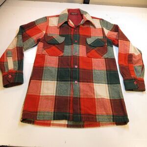 VINTAGE LUMBERJACK Plaid SHIRT Sz S TAHOE WOOL FLANNEL BUTTON UP Red & Green